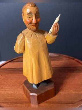 Vintage ANRI Of Italy Hand-Carved WOOD Dentist Holding Syringe And Hiding A Tool